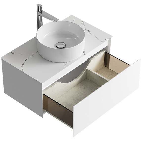 ПОДВЕСНАЯ ТУМБА AQWELLA С ОДНИМ ЯЩИКОМ 81 СМ, БЕЛЫЙ СО СТОЛЕШНИЦЕЙ МРАМОР БЕЛЫЙ И НАКЛАДНЫМ УМЫВАЛЬНИКОМ 