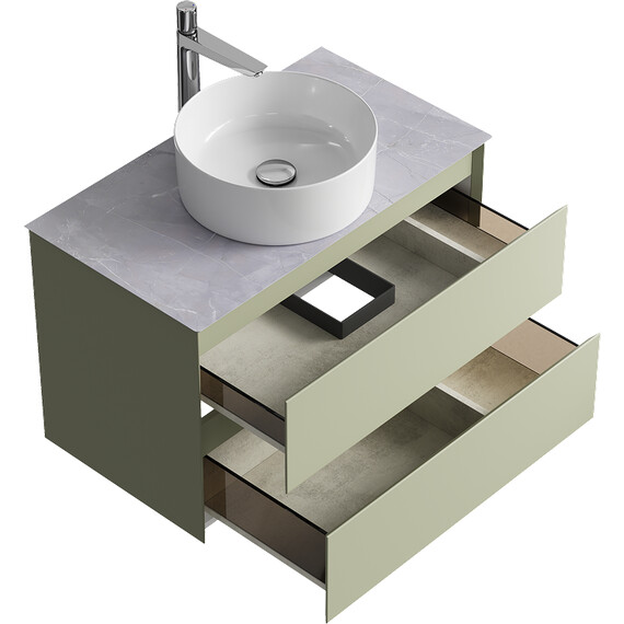ПОДВЕСНАЯ ТУМБА AQWELLA С ДВУМЯ ЯЩИКАМИ 81 СМ, ЗЕЛЕНЫЙ ШАЛФЕЙ СО СТОЛЕШНИЦЕЙ СЕРЫЙ КАМЕНЬ И НАКЛАДНЫМ УМЫВАЛЬНИКОМ 