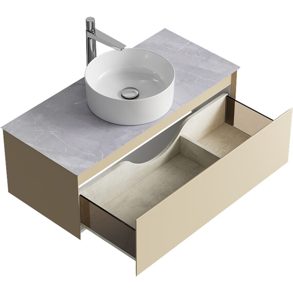 ПОДВЕСНАЯ ТУМБА AQWELLA С ОДНИМ ЯЩИКОМ 100 СМ, МОРСКАЯ ДЮНА СО СТОЛЕШНИЦЕЙ СЕРЫЙ КАМЕНЬ И НАКЛАДНЫМ УМЫВАЛЬНИКОМ 