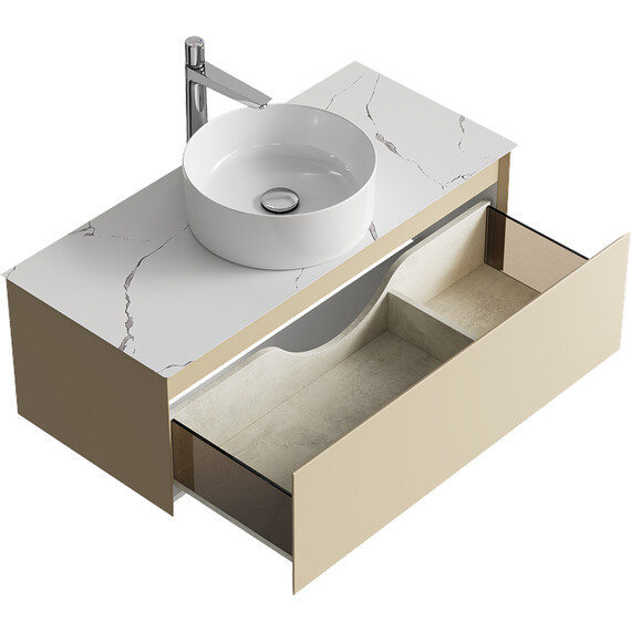 ПОДВЕСНАЯ ТУМБА AQWELLA С ОДНИМ ЯЩИКОМ 100 СМ, МОРСКАЯ ДЮНА СО СТОЛЕШНИЦЕЙ МРАМОР БЕЛЫЙ И НАКЛАДНЫМ УМЫВАЛЬНИКОМ 