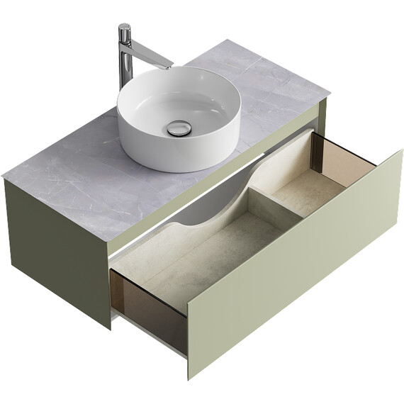 ПОДВЕСНАЯ ТУМБА AQWELLA С ОДНИМ ЯЩИКОМ 100 СМ, ЗЕЛЕНЫЙ ШАЛФЕЙ СО СТОЛЕШНИЦЕЙ СЕРЫЙ КАМЕНЬ И НАКЛАДНЫМ УМЫВАЛЬНИКОМ 