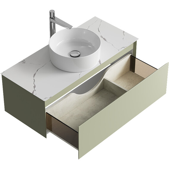 ПОДВЕСНАЯ ТУМБА AQWELLA С ОДНИМ ЯЩИКОМ 100 СМ, ЗЕЛЕНЫЙ ШАЛФЕЙ СО СТОЛЕШНИЦЕЙ МРАМОР БЕЛЫЙ И НАКЛАДНЫМ УМЫВАЛЬНИКОМ 