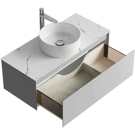 ПОДВЕСНАЯ ТУМБА AQWELLA С ОДНИМ ЯЩИКОМ 100 СМ, СЕРЫЙ ТУМАН СО СТОЛЕШНИЦЕЙ МРАМОР БЕЛЫЙ И НАКЛАДНЫМ УМЫВАЛЬНИКОМ 