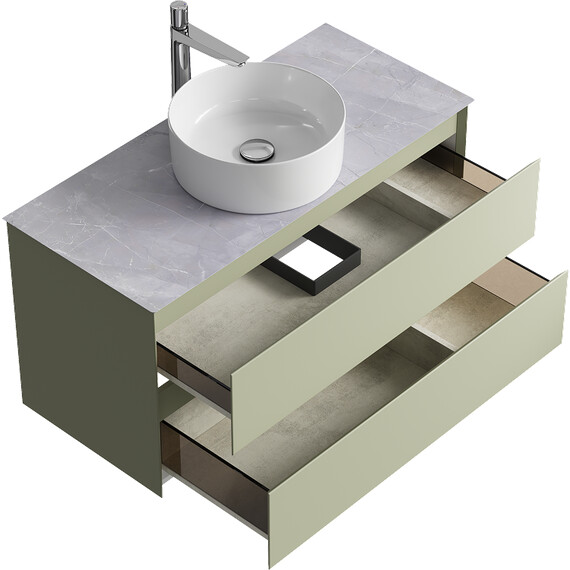 ПОДВЕСНАЯ ТУМБА AQWELLA С ДВУМЯ ЯЩИКАМИ 100 СМ, ЗЕЛЕНЫЙ ШАЛФЕЙ СО СТОЛЕШНИЦЕЙ СЕРЫЙ КАМЕНЬ И НАКЛАДНЫМ УМЫВАЛЬНИКОМ 