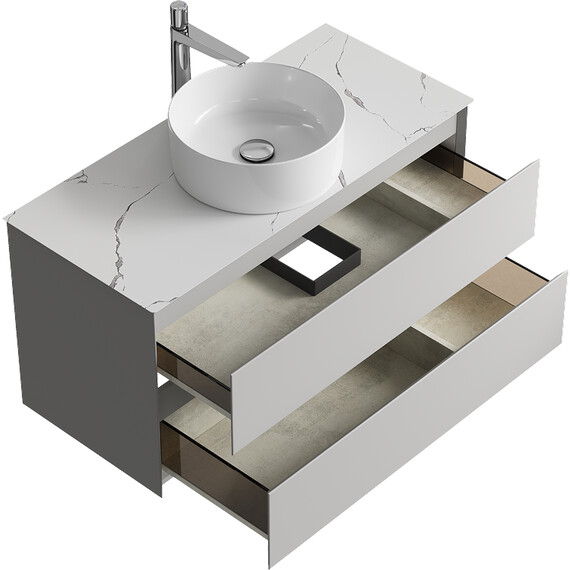 ПОДВЕСНАЯ ТУМБА AQWELLA С ДВУМЯ ЯЩИКАМИ 100 СМ, СЕРЫЙ ТУМАН СО СТОЛЕШНИЦЕЙ МРАМОР БЕЛЫЙ И НАКЛАДНЫМ УМЫВАЛЬНИКОМ 
