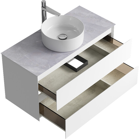 ПОДВЕСНАЯ ТУМБА AQWELLA С ДВУМЯ ЯЩИКАМИ 100 СМ, БЕЛЫЙ СО СТОЛЕШНИЦЕЙ СЕРЫЙ КАМЕНЬ И НАКЛАДНЫМ УМЫВАЛЬНИКОМ 