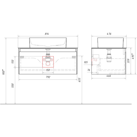 ПОДВЕСНАЯ ТУМБА AQWELLA С ОДНИМ ЯЩИКОМ 81 СМ, ЗЕЛЕНЫЙ ШАЛФЕЙ СО СТОЛЕШНИЦЕЙ СЕРЫЙ КАМЕНЬ И НАКЛАДНЫМ УМЫВАЛЬНИКОМ 