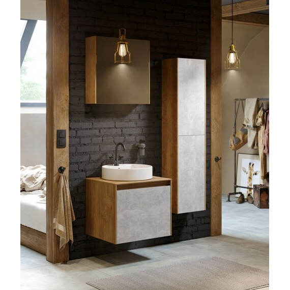 ПОДВЕСНАЯ ТУМБА AQWELLA 60 СМ С ДВУМЯ ЯЩИКАМИ, БЕТОН СВЕТЛЫЙ, С УМЫВАЛЬНИКОМ