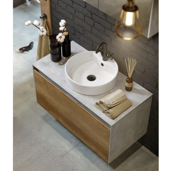 ПОДВЕСНАЯ ТУМБА AQWELLA 100 СМ С ДВУМЯ ЯЩИКАМИ, ДУБ БАЛТИЙСКИЙ/БЕТОН СВЕТЛЫЙ, С УМЫВАЛЬНИКОМ