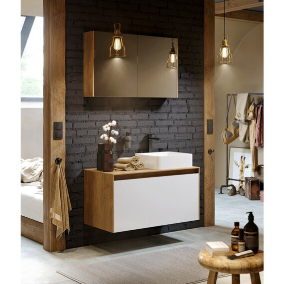 ПОДВЕСНАЯ ТУМБА AQWELLA 100 СМ С ДВУМЯ ЯЩИКАМИ, ДУБ БАЛТИЙСКИЙ/БЕТОН СВЕТЛЫЙ, С УМЫВАЛЬНИКОМ