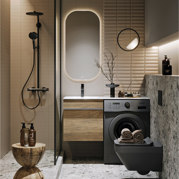 ПОДВЕСНАЯ ТУМБА AQWELLA AQWELLA ПОД СТИРАЛЬНУЮ МАШИНУ С ОДНИМ ЯЩИКОМ 115 СМ, ДУБ БАЛТИЙСКИЙ С УМЫВАЛЬНИКОМ