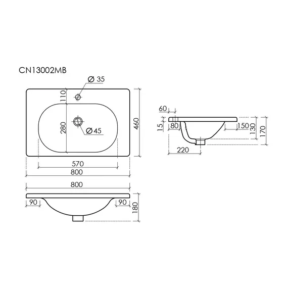 РАКОВИНА НАКЛАДНАЯ CERAMICANOVA SABO 800X460X130 ММ, ЧЕРНЫЙ МАТОВЫЙ