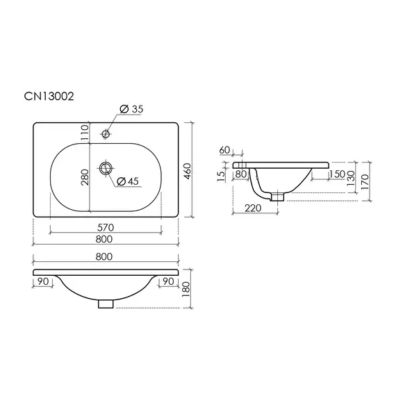 РАКОВИНА НАКЛАДНАЯ CERAMICANOVA SABO 800X460X130 ММ, БЕЛЫЙ