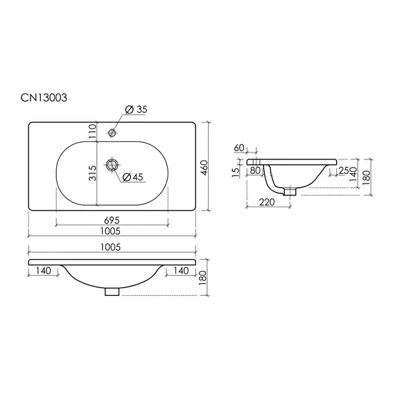 РАКОВИНА НАКЛАДНАЯ CERAMICANOVA SABO 1000X460X130 ММ, БЕЛЫЙ