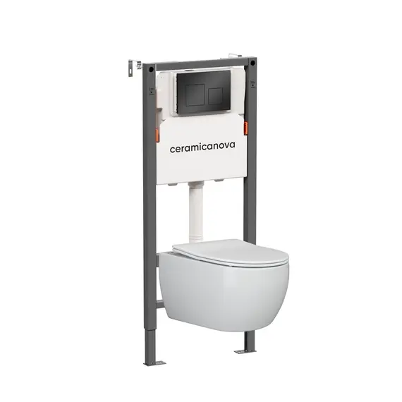 КОМПЛЕКТ ПОДВЕСНОЙ УНИТАЗ CERAMICANOVA PLAY RIMLESS + СИСТЕМА ИНСТАЛЛЯЦИИ BALANCE КНОПКА SQUARE, ЧЕРНЫЙ МАТОВЫЙ