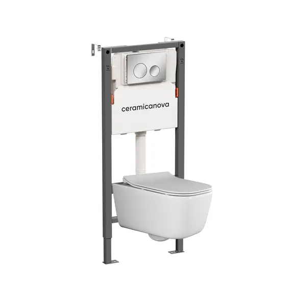КОМПЛЕКТ ПОДВЕСНОЙ УНИТАЗ CERAMICANOVA NEW DAY RIMLESS + СИСТЕМА ИНСТАЛЛЯЦИИ BALANCE КНОПКА CIRCLE, ХРОМ ГЛЯНЦЕВЫЙ