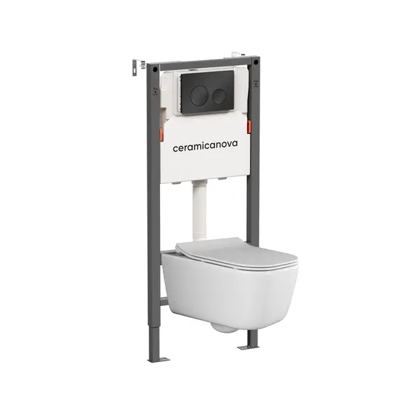 КОМПЛЕКТ ПОДВЕСНОЙ УНИТАЗ CERAMICANOVA NEW DAY RIMLESS + СИСТЕМА ИНСТАЛЛЯЦИИ BALANCE КНОПКА CIRCLE, ЧЕРНЫЙ МАТОВЫЙ
