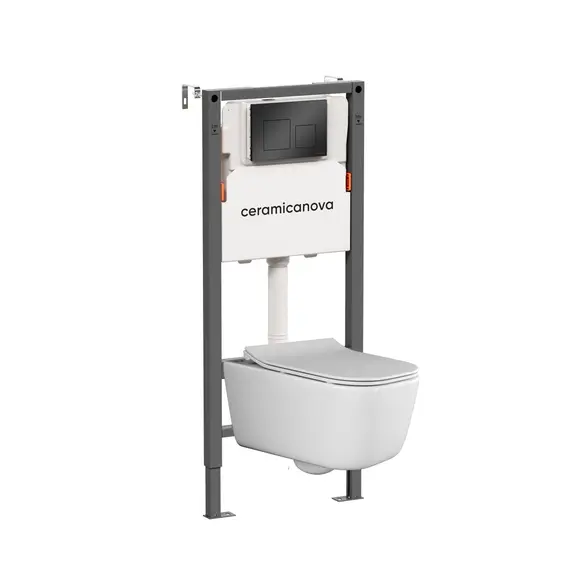 КОМПЛЕКТ ПОДВЕСНОЙ УНИТАЗ CERAMICANOVA NEW DAY RIMLESS + СИСТЕМА ИНСТАЛЛЯЦИИ BALANCE КНОПКА SQUARE, ЧЕРНЫЙ МАТОВЫЙ