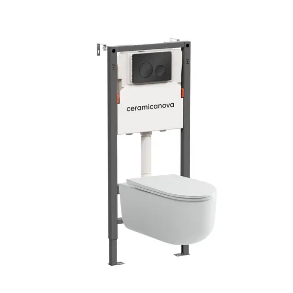 КОМПЛЕКТ ПОДВЕСНОЙ УНИТАЗ CERAMICANOVA ULMA RIMLESS + СИСТЕМА ИНСТАЛЛЯЦИИ BALANCE КНОПКА CIRCLE, ЧЕРНЫЙ МАТОВЫЙ