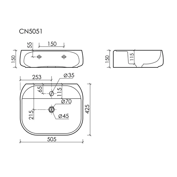 РАКОВИНА ПОДВЕСНАЯ CERAMICANOVA FONTE С ОТВЕРСТИЕМ ПОД СМЕСИТЕЛЬ 500X420X145 ММ, БЕЛЫЙ