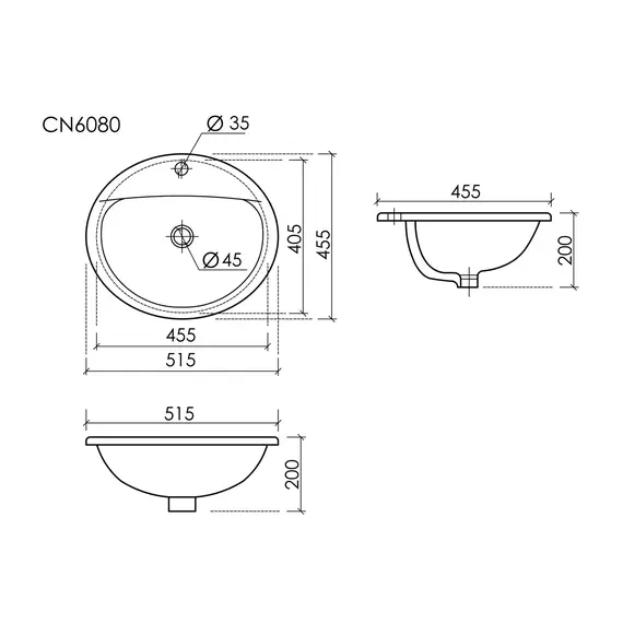 РАКОВИНА ВСТРАИВАЕМАЯ СВЕРХУ CERAMICANOVA SUN ОВАЛЬНАЯ 515X455X200 ММ, БЕЛЫЙ