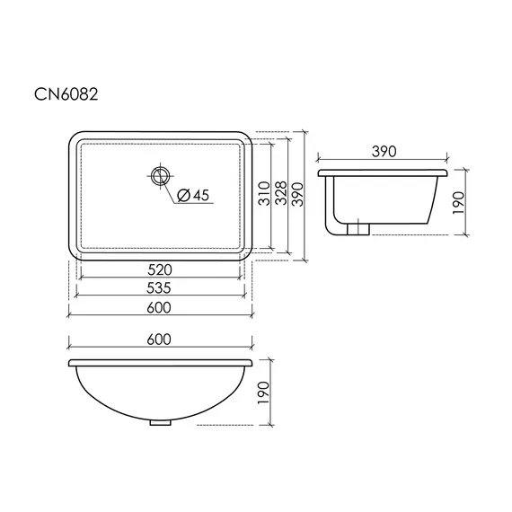 РАКОВИНА ВСТРАИВАЕМАЯ СНИЗУ CERAMICANOVA ERA ПРЯМОУГОЛЬНАЯ 600X390X190 ММ, БЕЛЫЙ