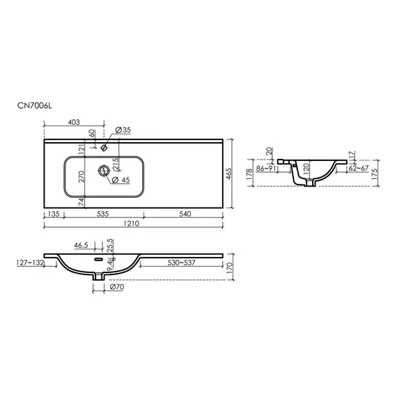 РАКОВИНА НАКЛАДНАЯ МЕБЕЛЬНАЯ CERAMICANOVA ELEMENT 1210X465X180 ММ, БЕЛЫЙ