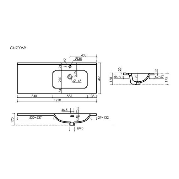РАКОВИНА НАКЛАДНАЯ МЕБЕЛЬНАЯ CERAMICANOVA ELEMENT 1210X465X180 ММ, БЕЛЫЙ