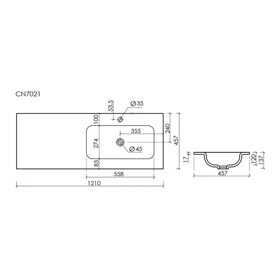 РАКОВИНА НАКЛАДНАЯ МЕБЕЛЬНАЯ CERAMICANOVA GRACE ПРЯМОУГОЛЬНАЯ 1210X457X137 ММ С ЧАШЕЙ СПРАВА И ОТВЕРСТИЕМ ПОД СМЕСИТЕЛЬ, БЕЛЫЙ