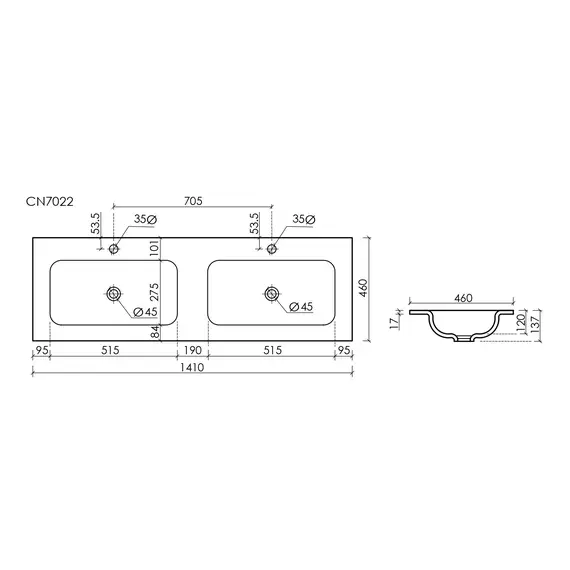 РАКОВИНА НАКЛАДНАЯ МЕБЕЛЬНАЯ CERAMICANOVA GRACE ПРЯМОУГОЛЬНАЯ 1410X457X137 ММ С ДВУМЯ ЧАШАМИ И ОТВЕРСТИЯМИ ПОД СМЕСИТЕЛЬ, ЧЕРНЫЙ МАТОВЫЙ